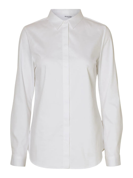 Selected Femme tætsiddende langærmet skjorte i bright white – krave, knaplukning foran, lange ærmer med manchetter og figursyet silhuet. 
