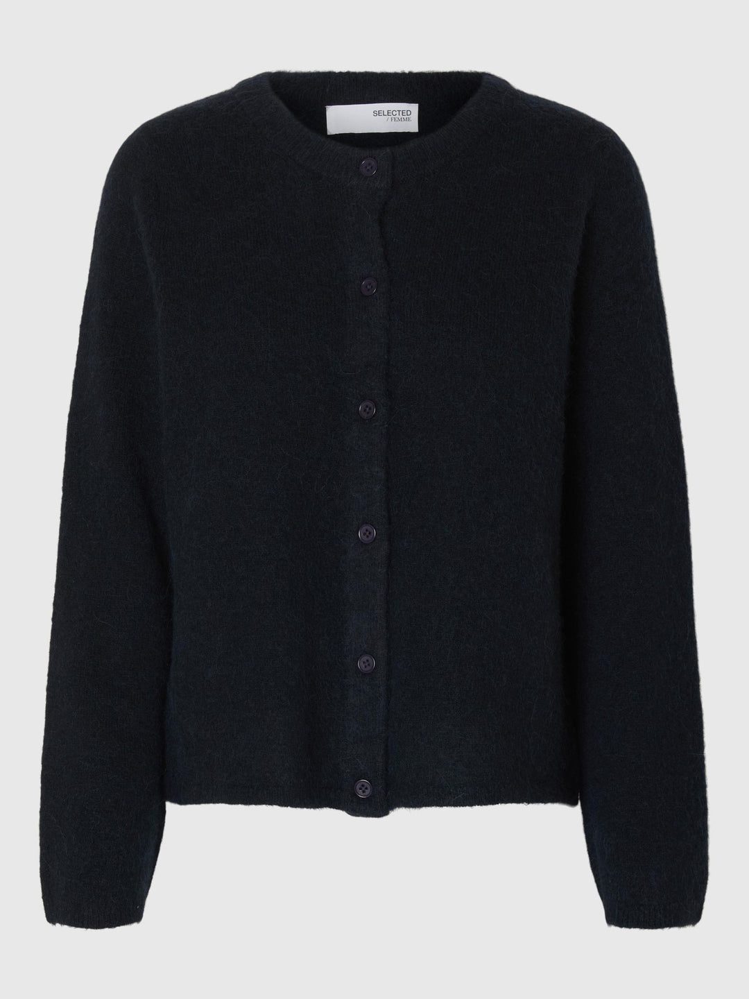Selected Femme Lulu New LS Knit Short cardigan i dark sapphire melange med rund hals, knaplukning og ribkanter.
