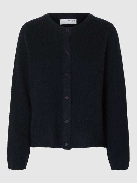 Selected Femme Lulu New LS Knit Short cardigan i dark sapphire melange med rund hals, knaplukning og ribkanter.
