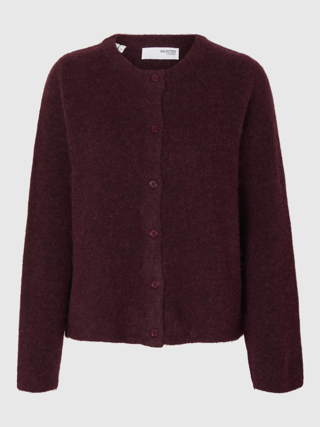 Selected Femme Lulu LS Knit Short cardigan i fig melange med rund hals, knapper, raglanærmer og ribkanter.
