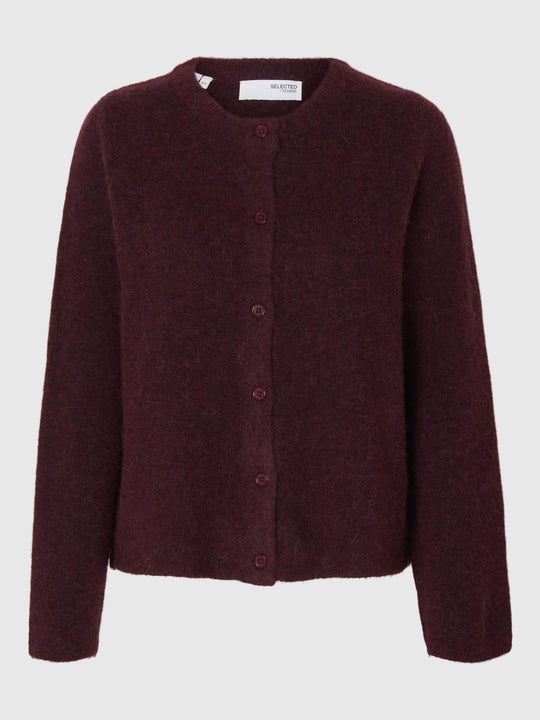 Selected Femme Lulu LS Knit Short cardigan i fig melange med rund hals, knapper, raglanærmer og ribkanter.

