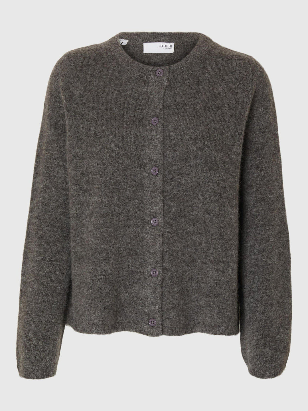 Selected Femme Lulu New LS Knit Short cardigan i medium grey melange – kort cardigan i blød uldblanding med rund hals, knaplukning og ribkanter.
