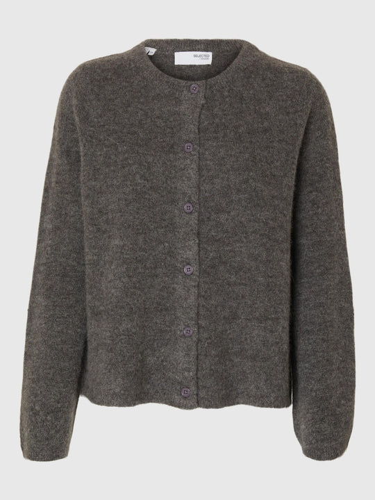 Selected Femme Lulu New LS Knit Short cardigan i medium grey melange – kort cardigan i blød uldblanding med rund hals, knaplukning og ribkanter.
