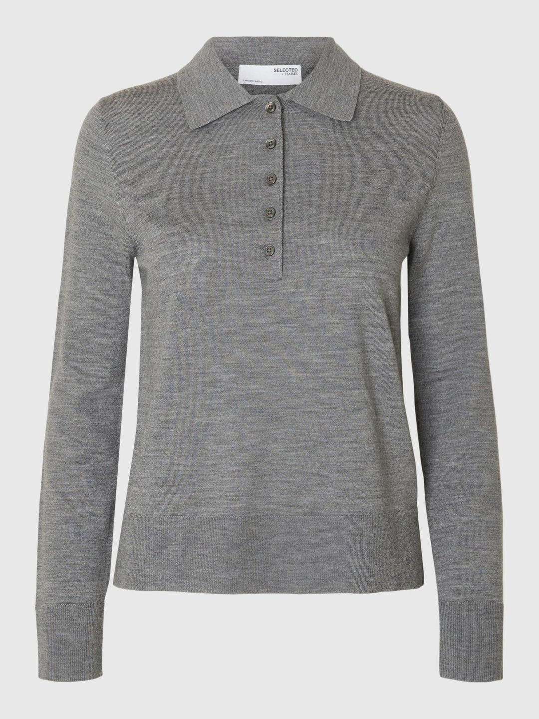 Selected Femme Thea LS Knit Merino Collar Neck i medium grey melange – striktrøje i merinould med oversized polokrave, kort knapstolpe og lange ærmer.
