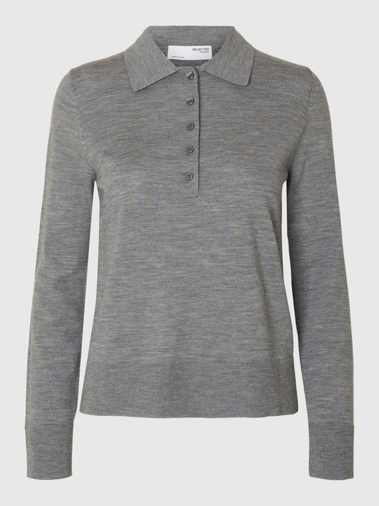 Selected Femme Thea LS Knit Merino Collar Neck i medium grey melange – striktrøje i merinould med oversized polokrave, kort knapstolpe og lange ærmer.
