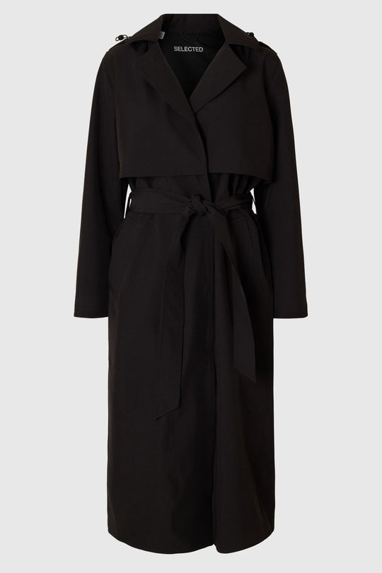 Selected Femme Teknisk Trenchcoat i sort, med dobbeltknapning og et bindebælte i taljen. Behandlet med Bionic Finish Eco.