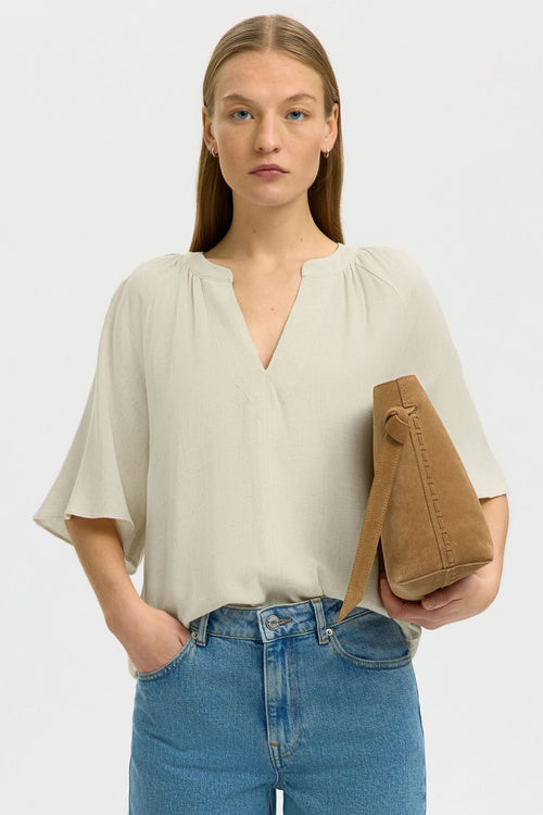 Selected Femme | Bluse | Viva 2/4 V-Neck Linen Blend, sandshell