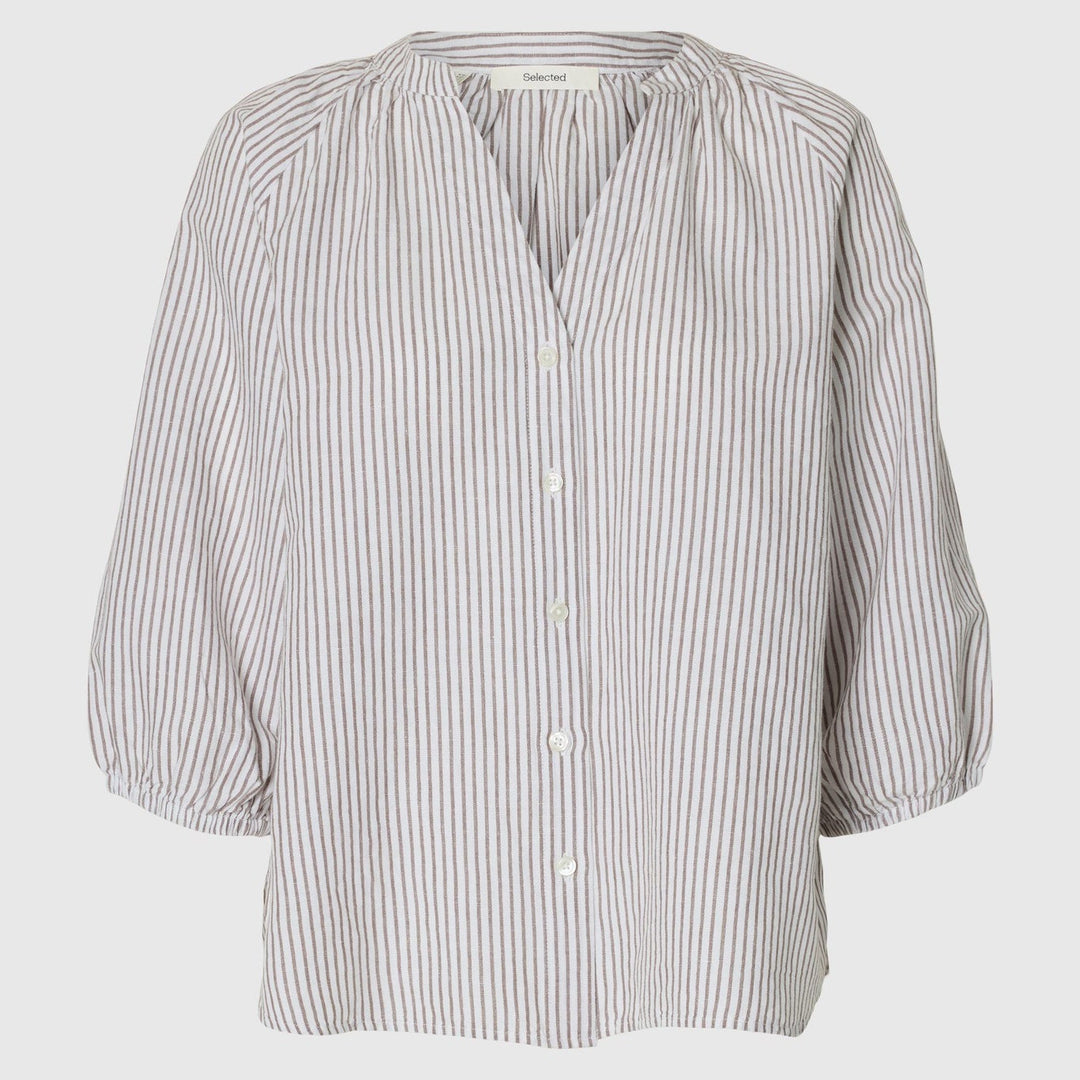 Selected Femme | Skjorte | Alberta Linen Blend Shirt, bright white stripes chocolate chip