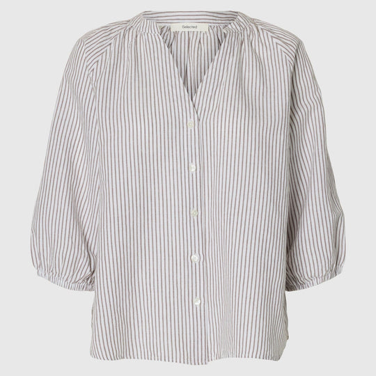 Selected Femme | Skjorte | Alberta Linen Blend Shirt, bright white stripes chocolate chip