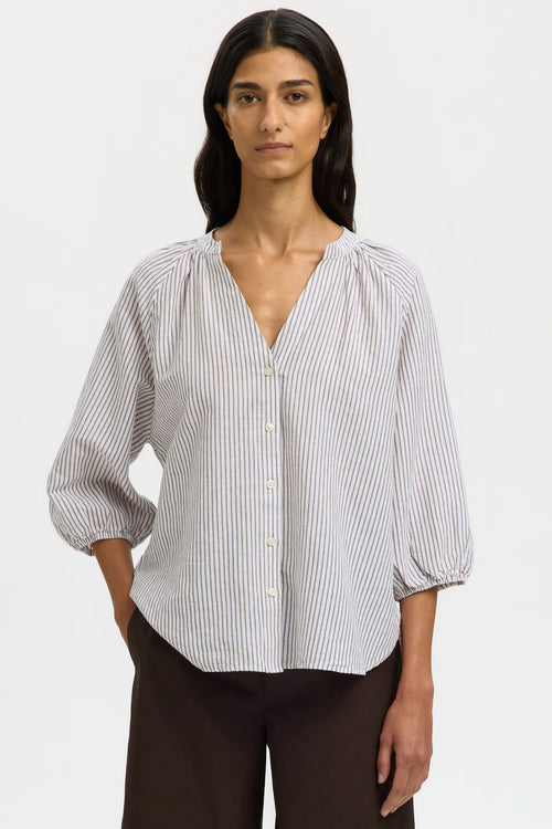Selected Femme | Skjorte | Alberta Linen Blend Shirt, bright white stripes chocolate chip