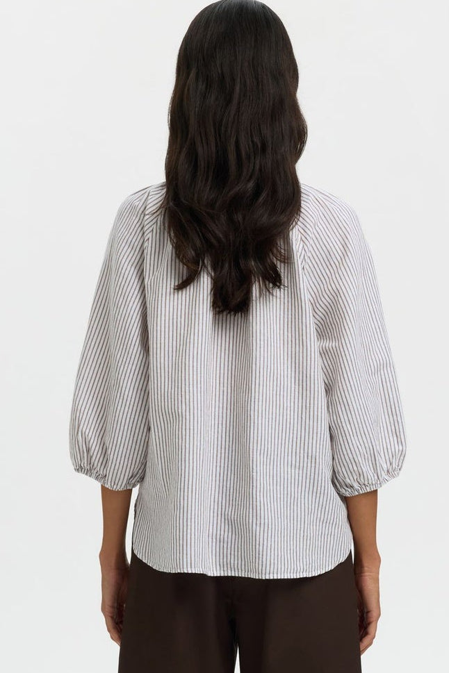 Selected Femme | Skjorte | Alberta Linen Blend Shirt, bright white stripes chocolate chip