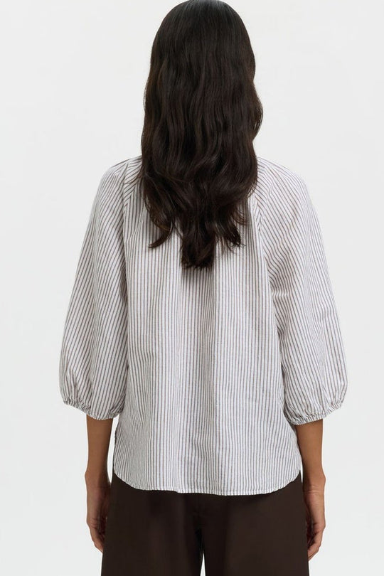 Selected Femme | Skjorte | Alberta Linen Blend Shirt, bright white stripes chocolate chip