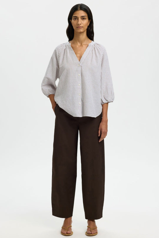 Selected Femme | Skjorte | Alberta Linen Blend Shirt, bright white stripes chocolate chip