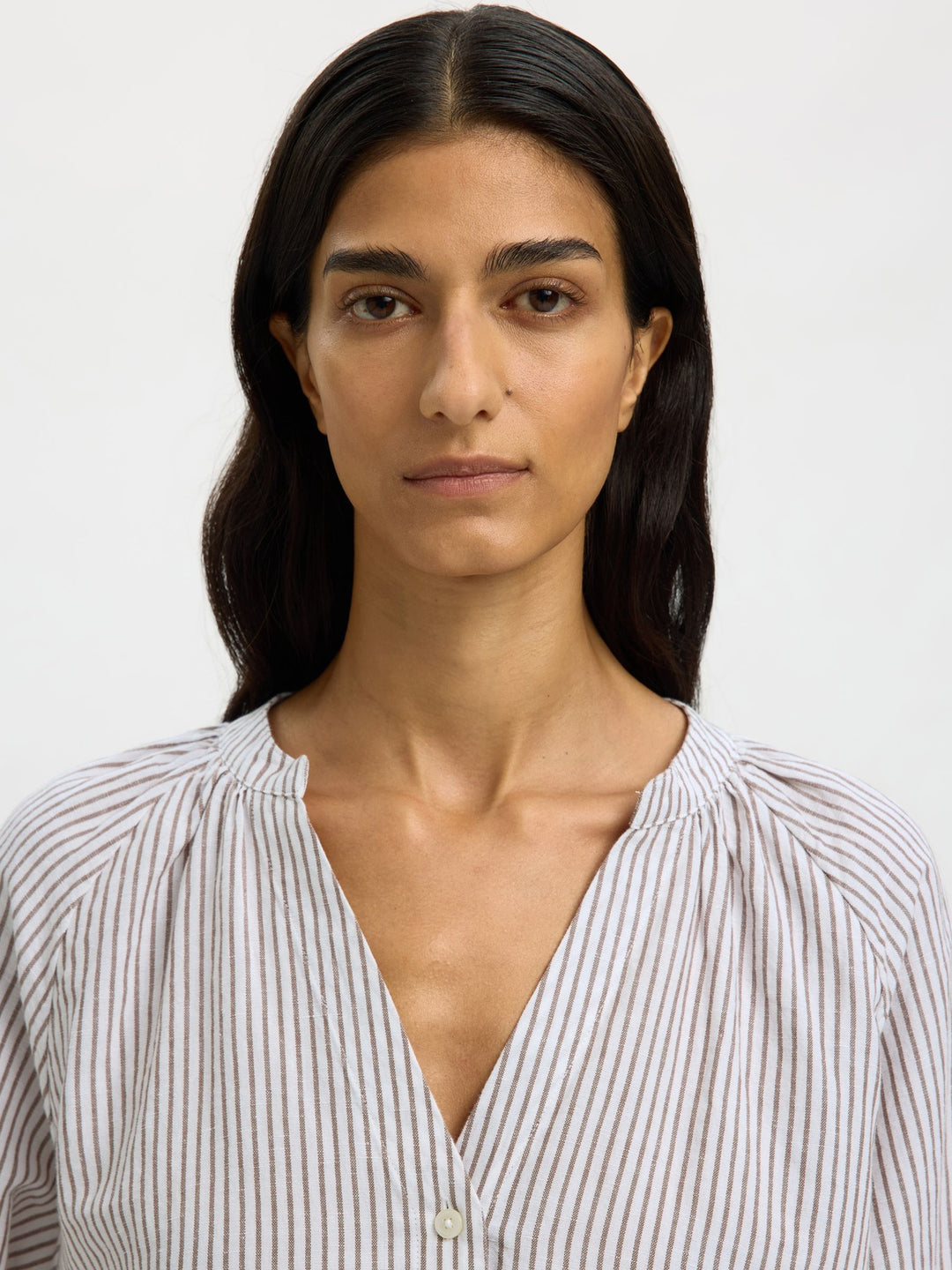 Selected Femme | Skjorte | Alberta Linen Blend Shirt, bright white stripes chocolate chip