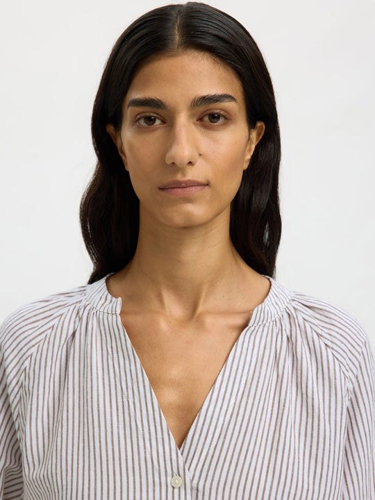 Selected Femme | Skjorte | Alberta Linen Blend Shirt, bright white stripes chocolate chip