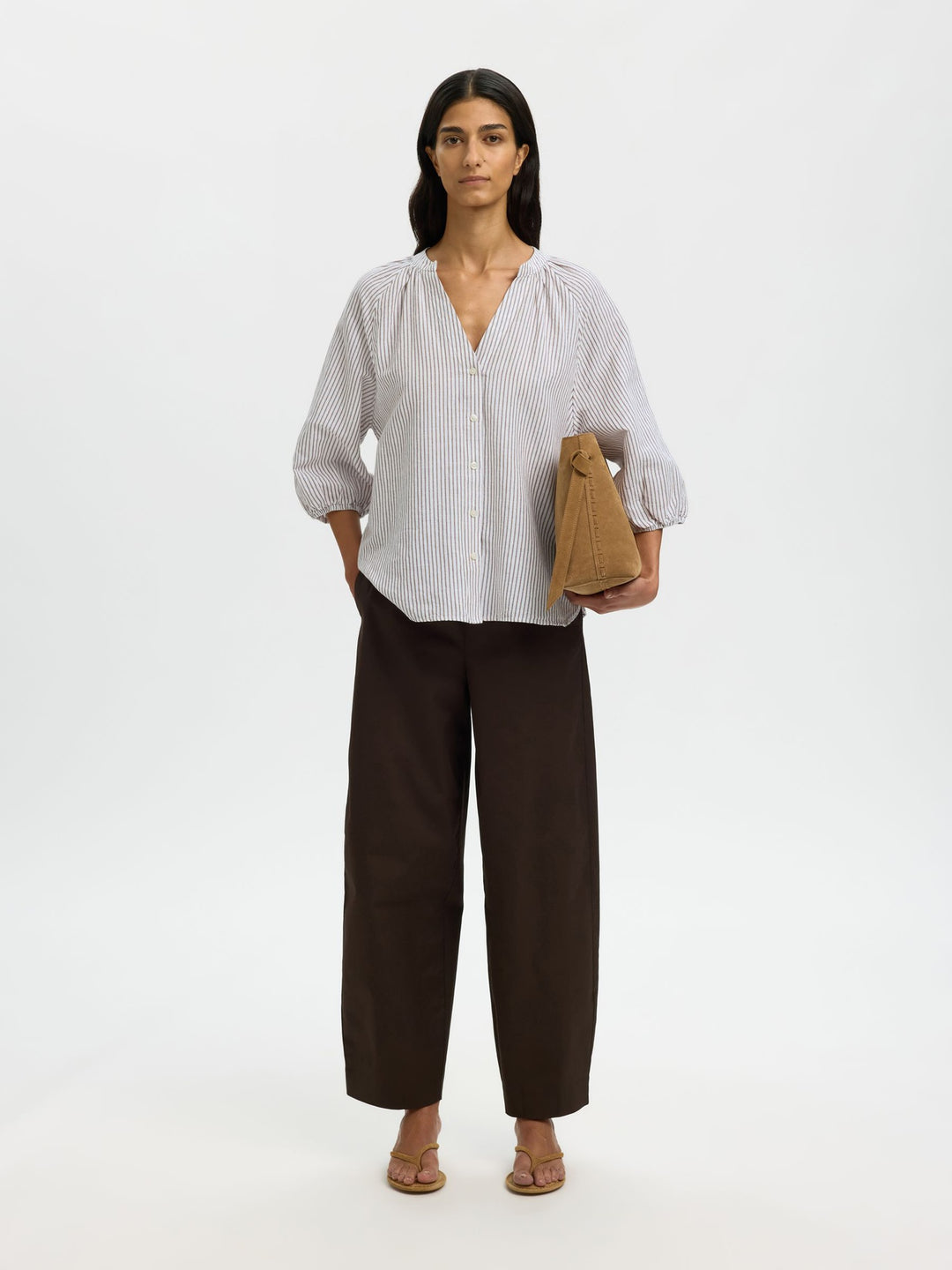 Selected Femme | Skjorte | Alberta Linen Blend Shirt, bright white stripes chocolate chip