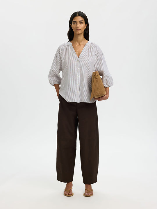 Selected Femme | Skjorte | Alberta Linen Blend Shirt, bright white stripes chocolate chip