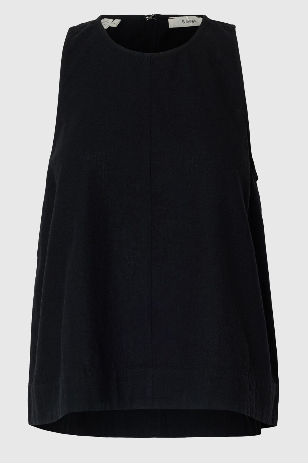 Selected Femme Luisa SL top black – ærmeløs top i hør med rund hals og løs pasform.