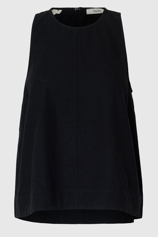 Selected Femme Luisa SL top black – ærmeløs top i hør med rund hals og løs pasform.