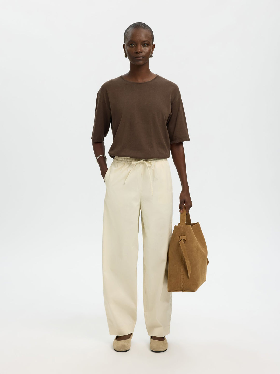 Selected Femme Toledo 2/4 knit top chocolate chip – strikket T-shirt med rund hals.