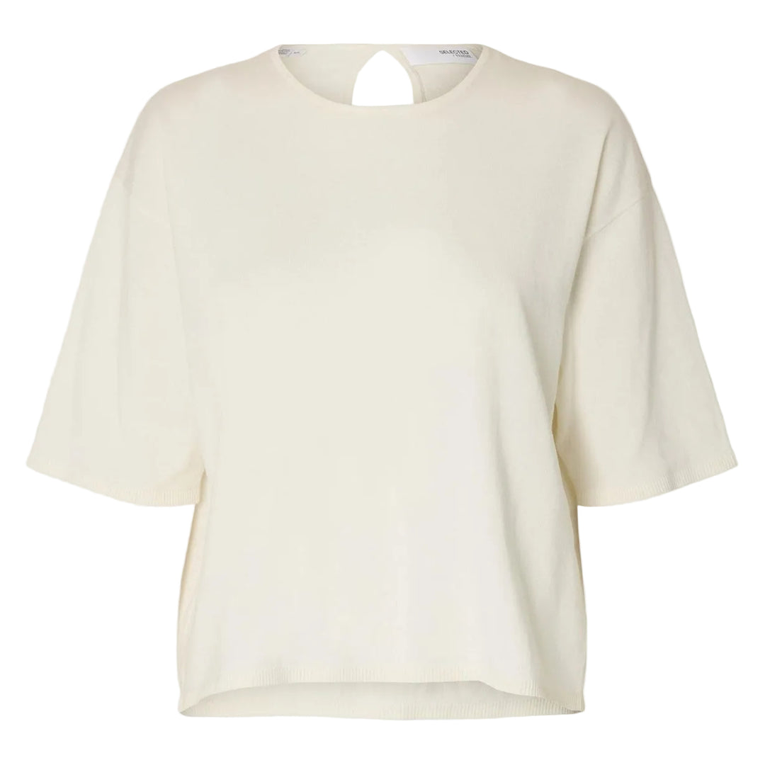 Selected Femme Toledo 2/4 knit top snow white – strikket T-shirt med rund hals og rygdetalje.