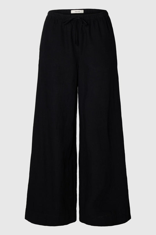 Selected Femme Luisa bukser i sort med vide ben og elastisk talje.