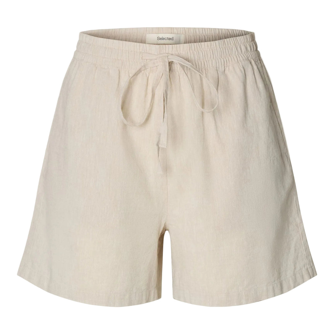 Selected Femme Linnie shorts sandshell – hørshorts med elastisk talje og bindebånd.