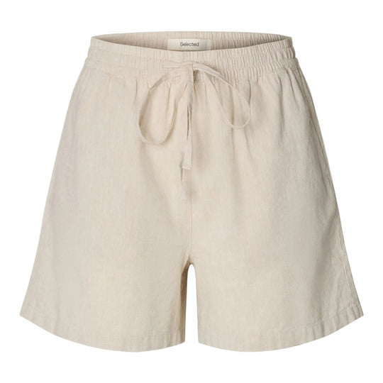 Selected Femme Linnie shorts sandshell – hørshorts med elastisk talje og bindebånd.