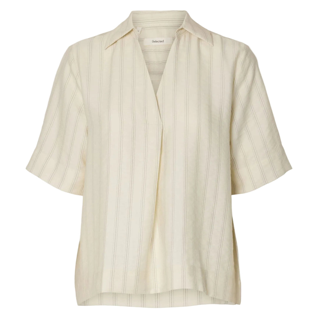 Selected Femme Marie top i egret stripes med Johnny-krave og halværmer.