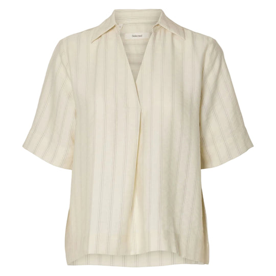 Selected Femme Marie top i egret stripes med Johnny-krave og halværmer.