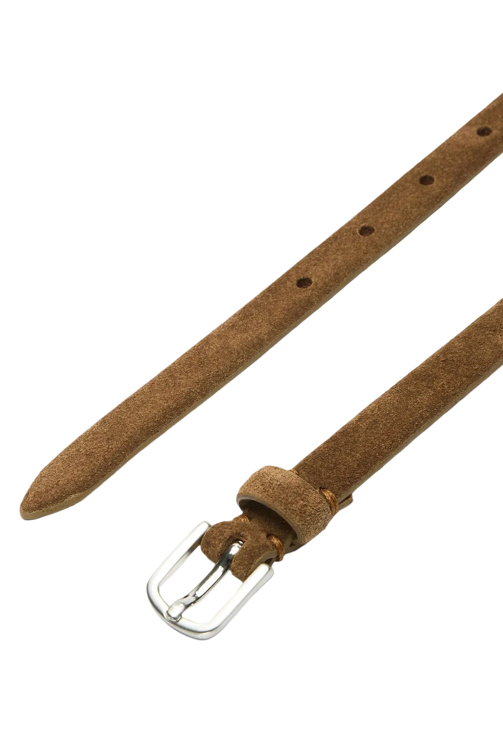 Selected Femme Fiona Slim Suede Belt i tan – smalt ruskindsbælte i 100% okselæder med metalspænde. Bredde 3 cm.
