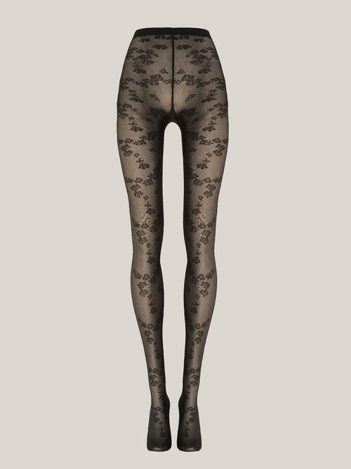Wolford Floret Tights i sort – strømpebukser med blomsterprint, kombination af transparente og uigennemsigtige sektioner og mat finish.
