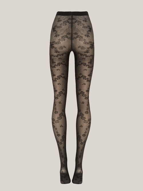 Wolford Floret Tights i sort – strømpebukser med blomsterprint, kombination af transparente og uigennemsigtige sektioner og mat finish.

