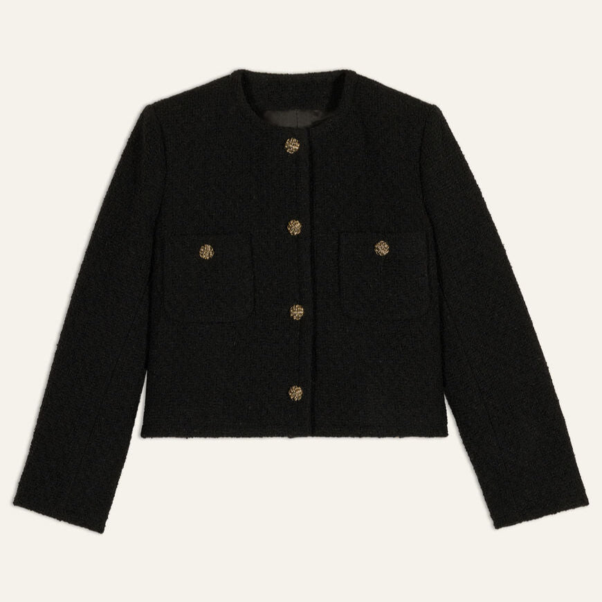 ba&sh Jacket Meredith i sort med rund hals, frontlommer og guldfarvede knapper – crop-jakke i bomuld og uld med elegant finish.