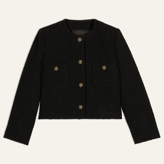 ba&sh Jacket Meredith i sort med rund hals, frontlommer og guldfarvede knapper – crop-jakke i bomuld og uld med elegant finish.