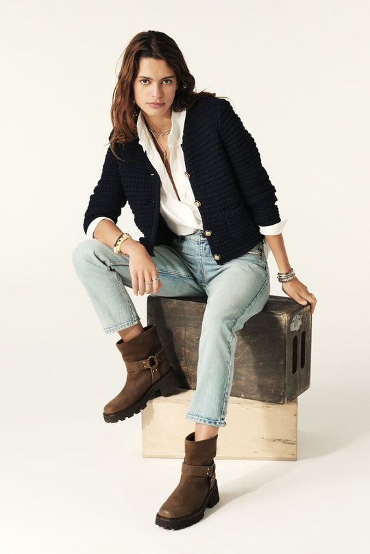 ba&sh Gaspard Cardigan – cropped cardigan med tweed-effekt, lange ærmer og smukke guldfarvede knapper.