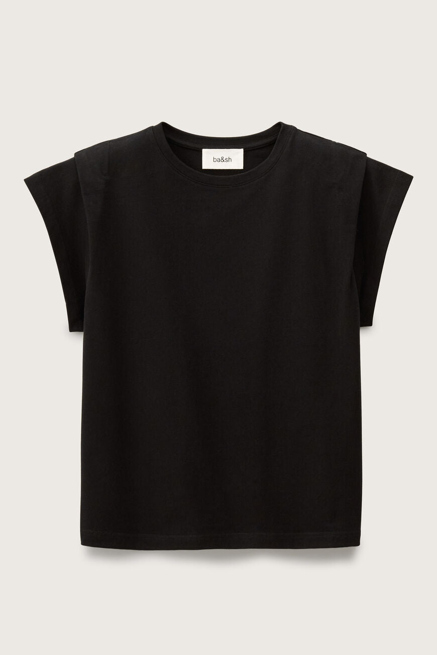 ba&sh Pio T-shirt i sort – økologisk bomulds-T-shirt med boxy pasform, skulderdetaljer og rund hals. Et stilrent og moderne hverdagsvalg. 