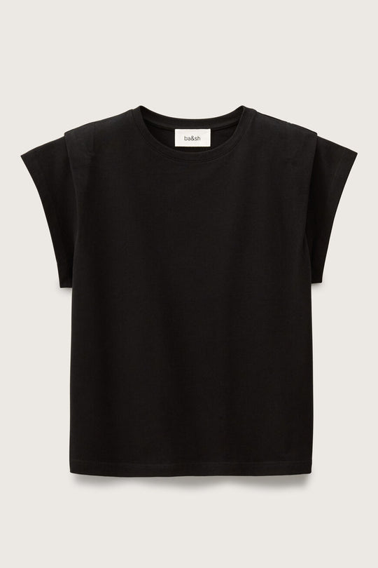 ba&sh Pio T-shirt i sort – økologisk bomulds-T-shirt med boxy pasform, skulderdetaljer og rund hals. Et stilrent og moderne hverdagsvalg. 