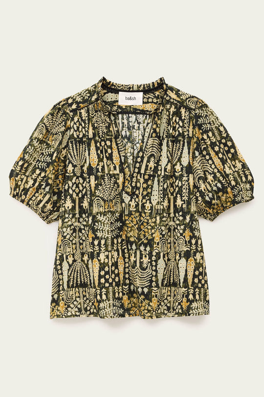 ba&sh Pueblo Blouse i mønstret kaki grøn og sort – løs, økologisk bomuldsbluse med v-hals og korte ærmer.