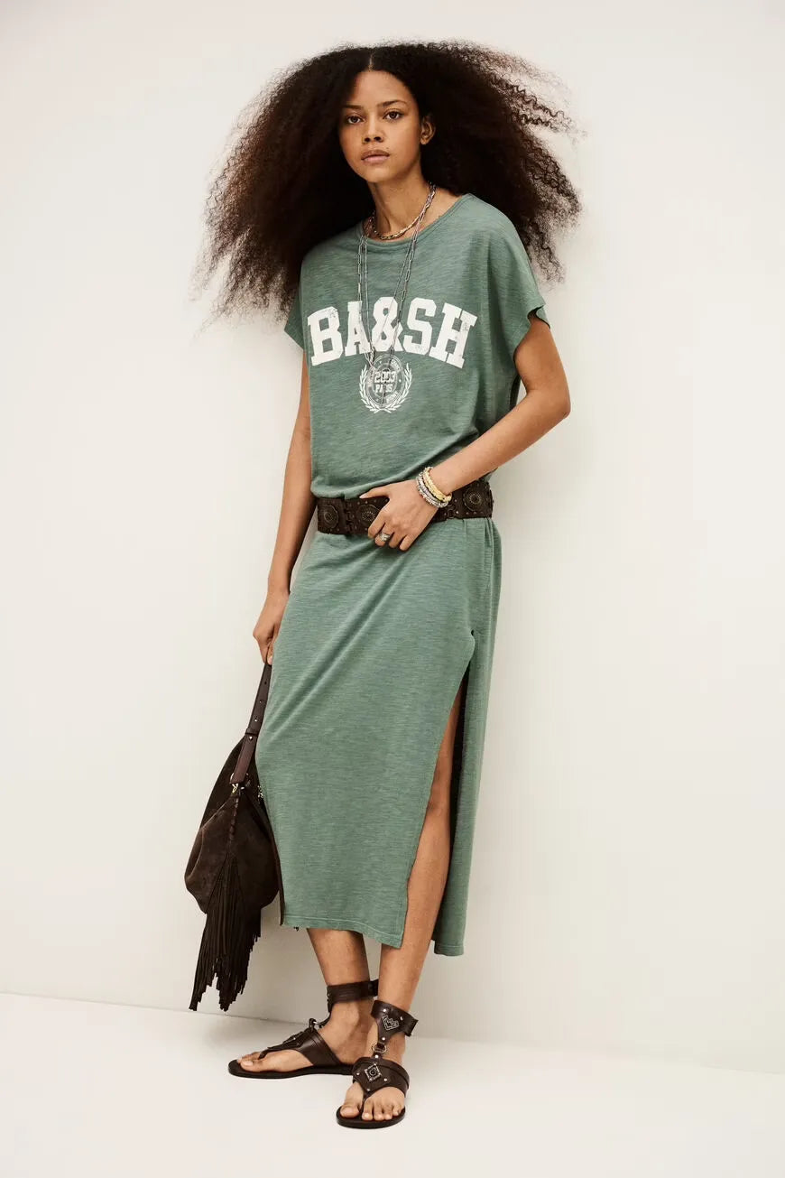 ba&sh Civia kjole i khaki med scoop neckline, loose fit og bæredygtig bomuld/TENCEL™ kvalitet.