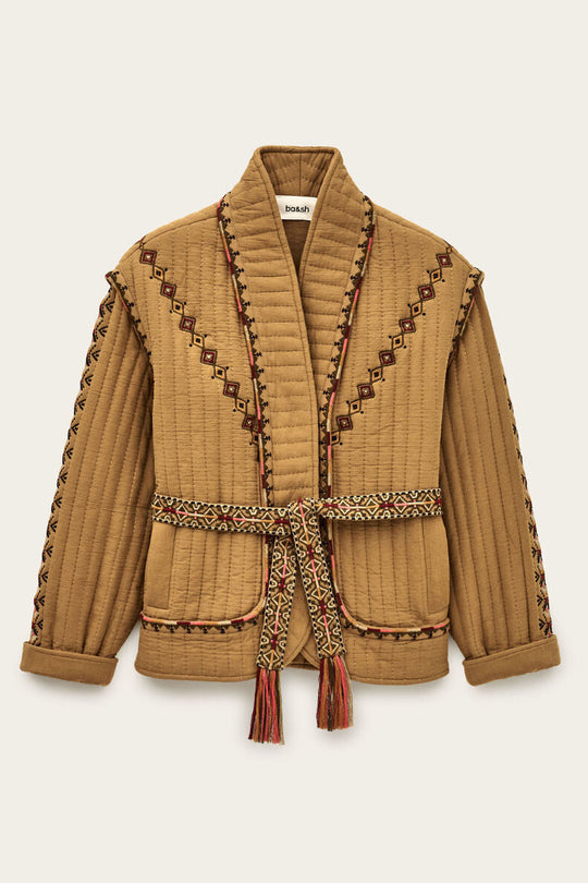 ba&sh Cocoon Jacket i camel – quiltet jakke i økologisk bomuld med dekorative etniske broderier og bindebælte i taljen.
