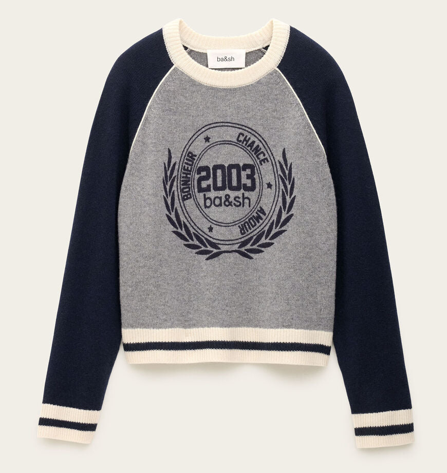 ba&sh Collette Jumper i navy – cashmere strik med raglanærmer og grafisk brystprint.