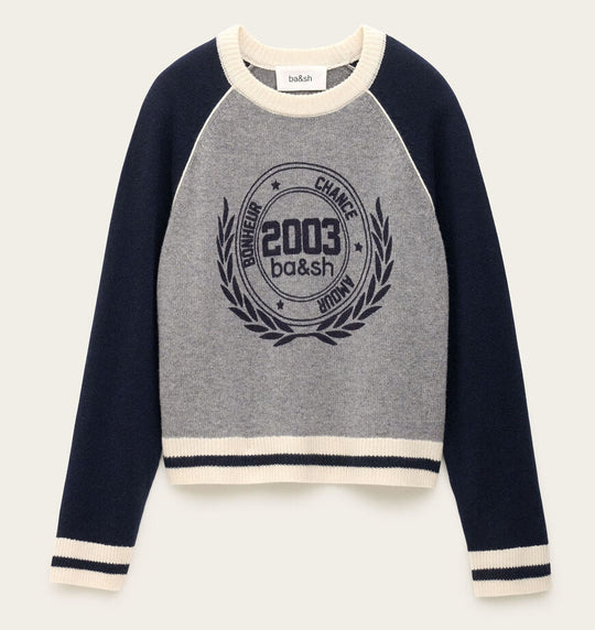 ba&sh Collette Jumper i navy – cashmere strik med raglanærmer og grafisk brystprint.