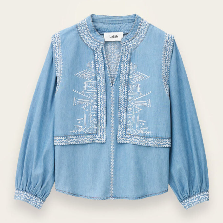 ba&sh Laura Bluse i denim blue – chambray bluse med denim-look, two-in-one design, puffede ærmer og lige pasform.