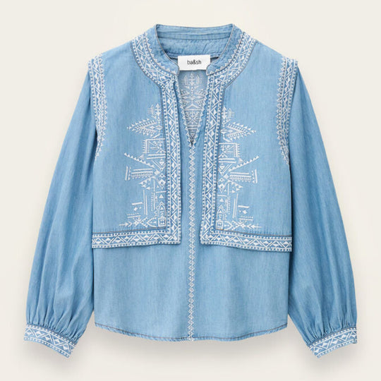 ba&sh Laura Bluse i denim blue – chambray bluse med denim-look, two-in-one design, puffede ærmer og lige pasform.