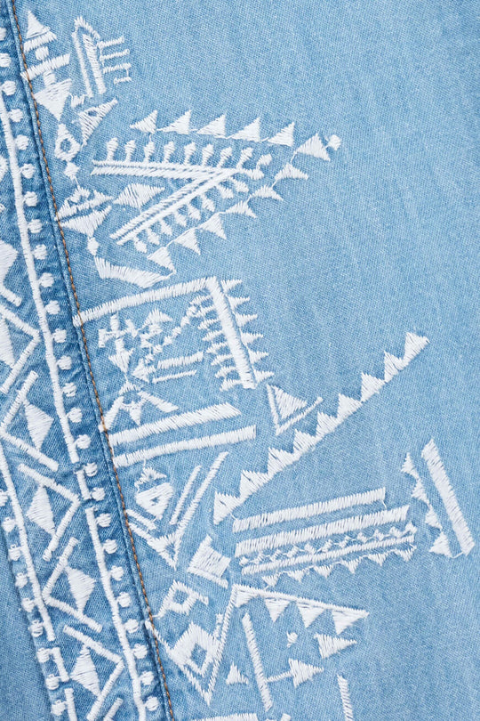 ba&sh Laura Bluse i denim blue – chambray bluse med denim-look, two-in-one design, puffede ærmer og lige pasform.