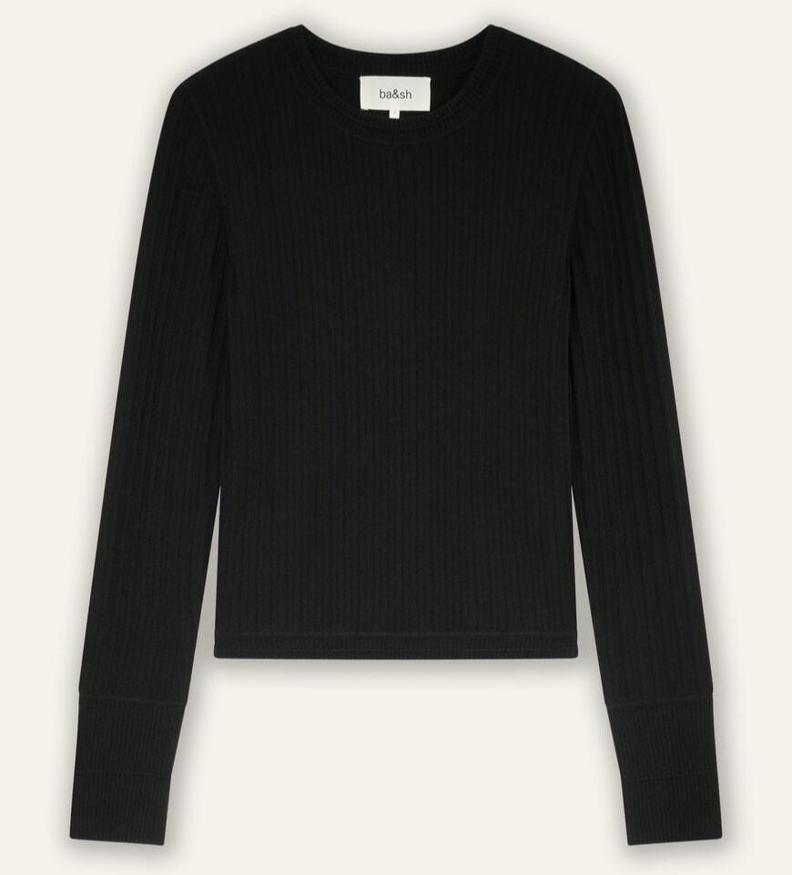 ba&amp;sh Jinie Sweater i Noir - Striktrøje med Kontrastknapper og Lodrette Striber