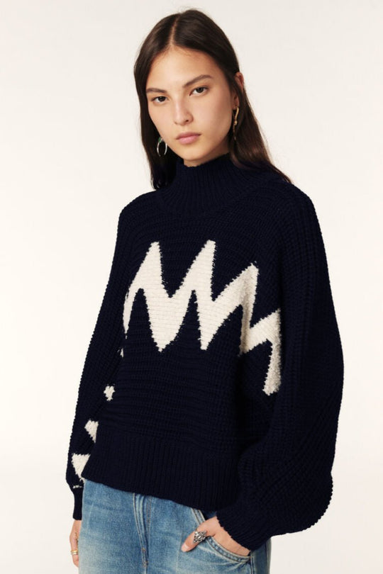 ba&sh Ondie Jumper - Oversized Sweater i Marine med Grafisk Inspiration