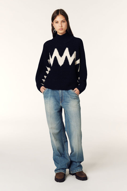 ba&sh Ondie Jumper - Oversized Sweater i Marine med Grafisk Inspiration