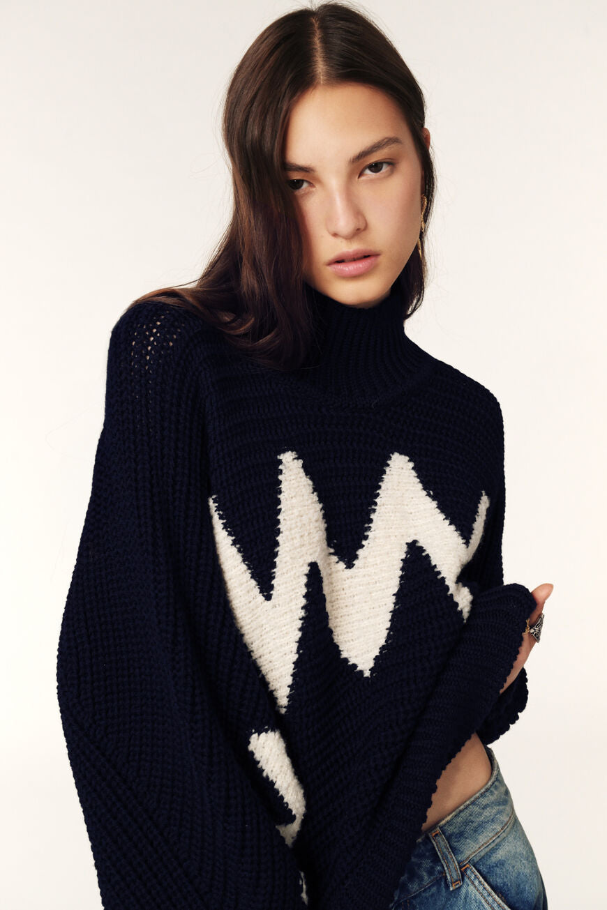 ba&sh Ondie Jumper - Oversized Sweater i Marine med Grafisk Inspiration